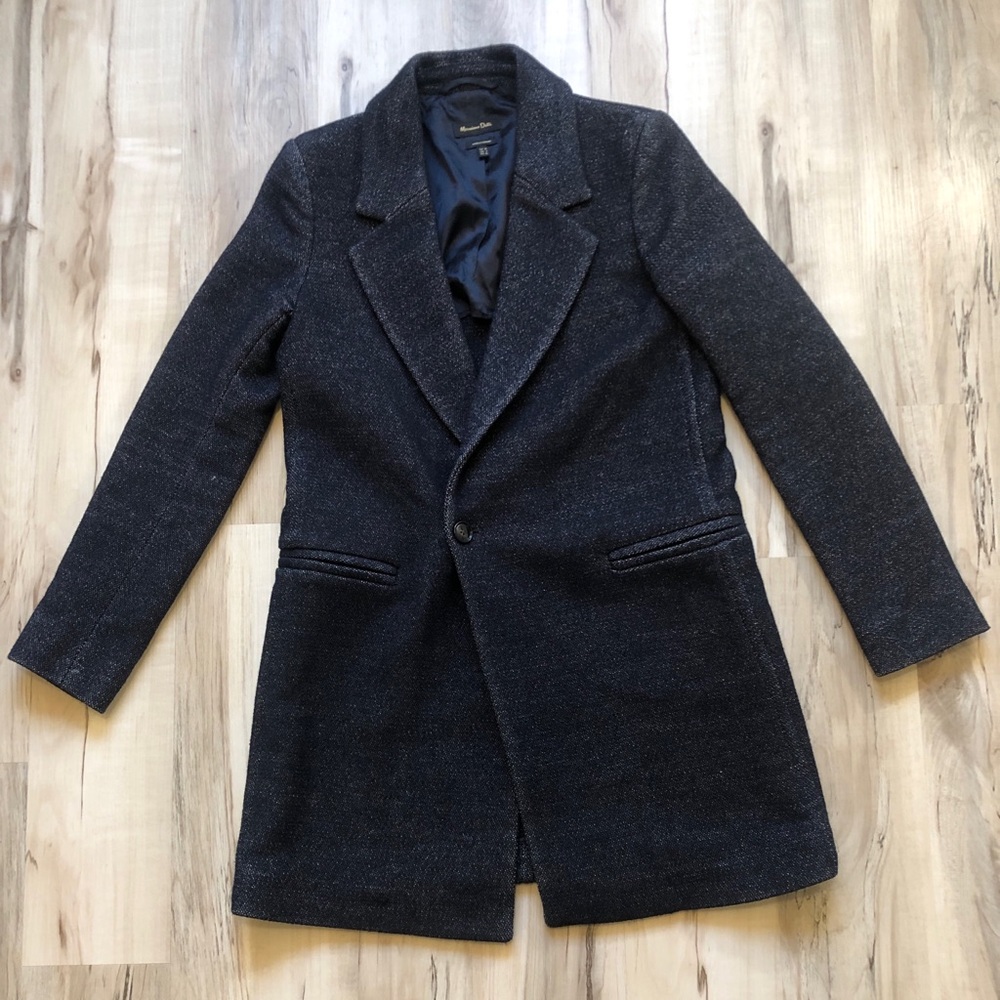 Massimo Dutti Women's 4 Longline Tweed Blazer Coat Black Charcoal Tailored EUR36